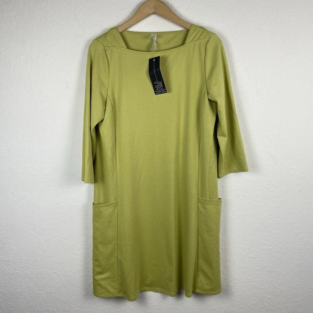 Marla Wynne L Shift Dress Green Pockets Boat Neck Minimalist Artsy Knee Length - Picture 1 of 6